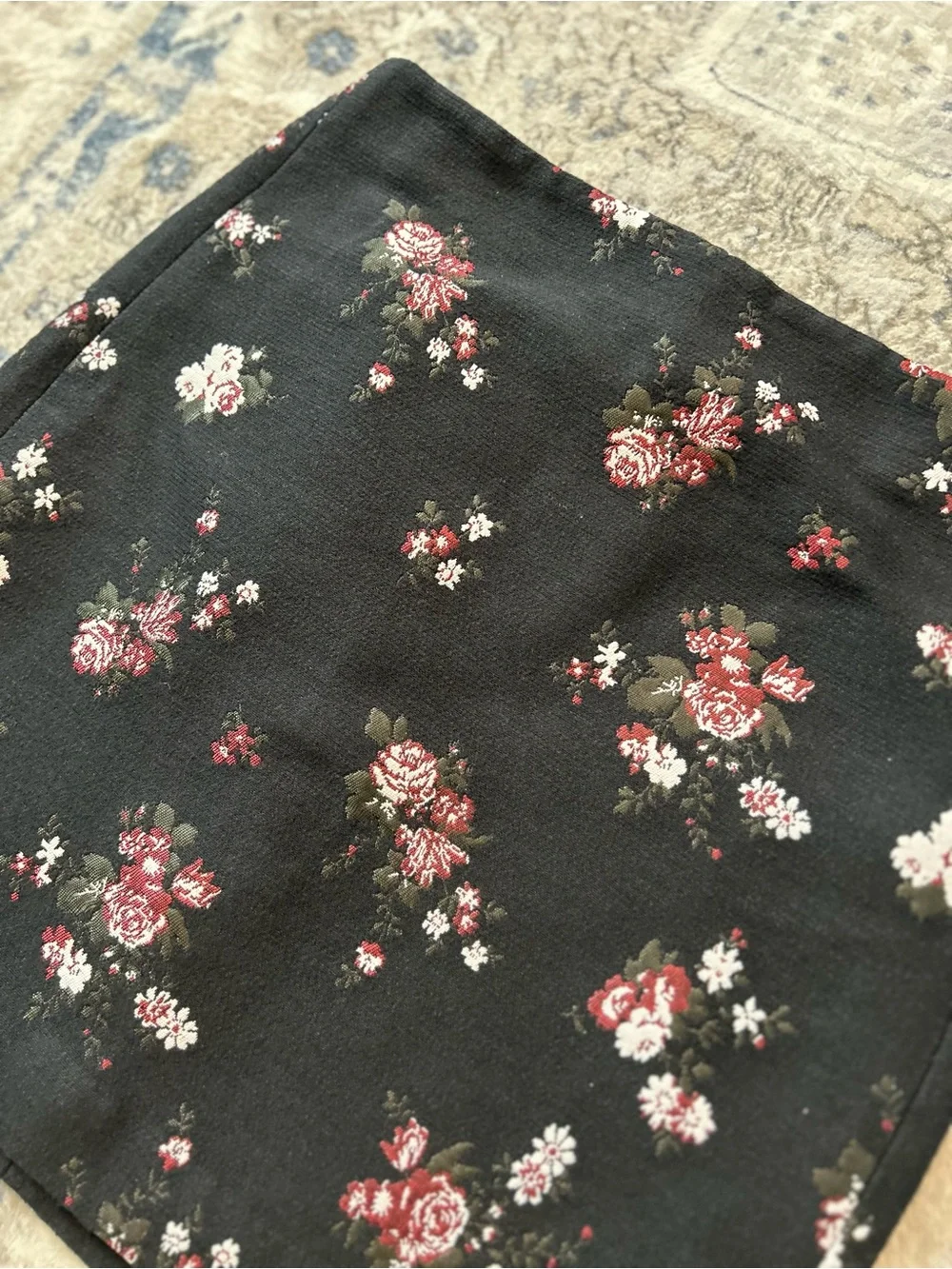 LOFT Floral Mini Skirt - Black with Burgundy & White Roses